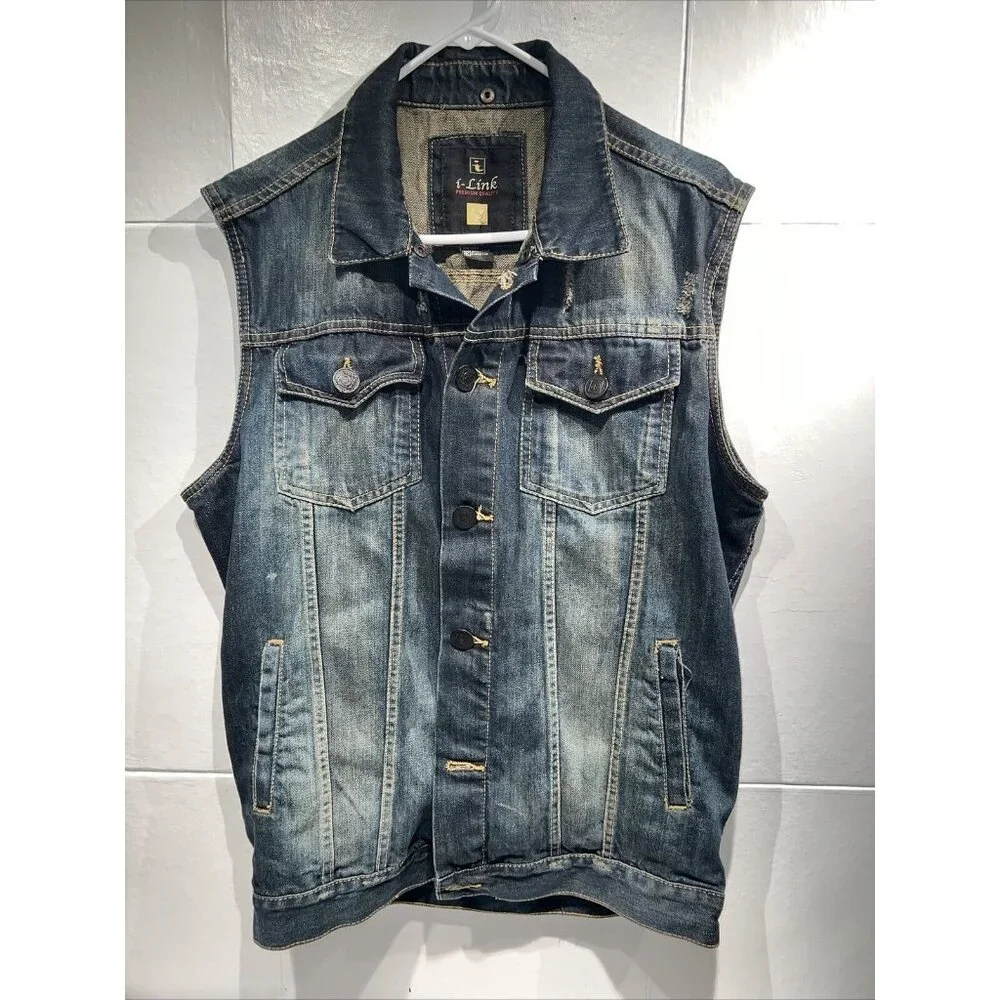 i LINK Dark Wash Distressed Button Down Denim Jean Vest Large‎ Y2K